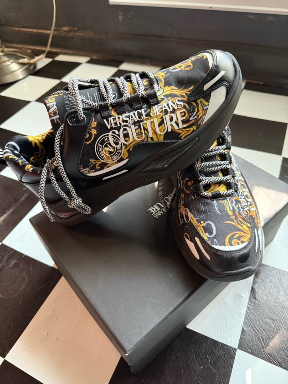 Versace Jeans Couture Black and Gold Baroque-Print Sneakers